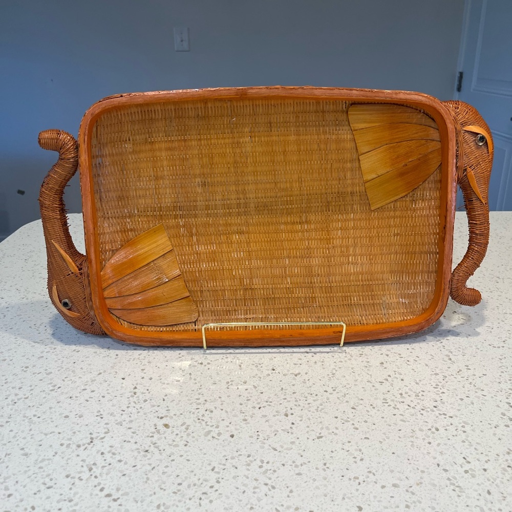 Woven Rattan Serving Tray with Elephant Handles